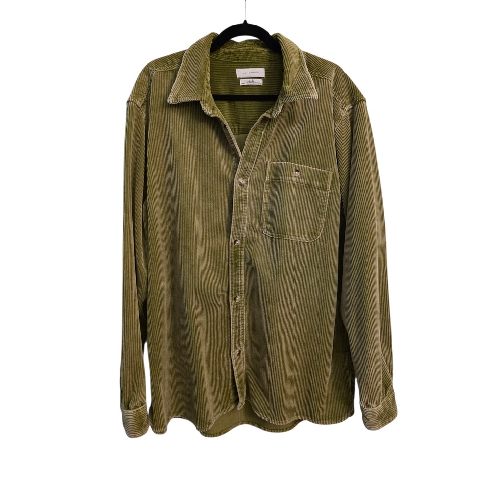 URBAN OUTFITTERS Mens Olive Green Corduroy Long Sleeve Button Up Shirt LG